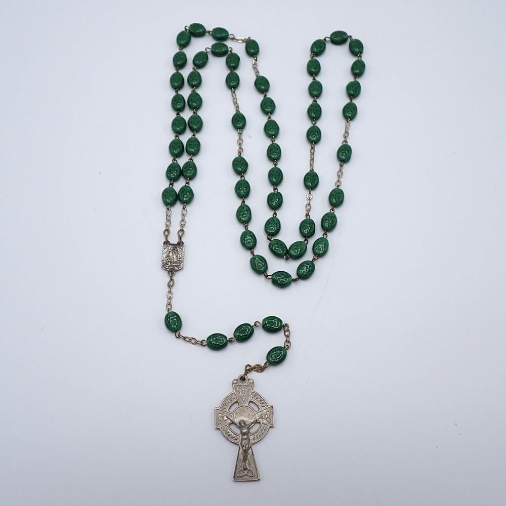 Vintage Green Shamrock Rosary Irish Catholic Erin Celtic Cross 26"